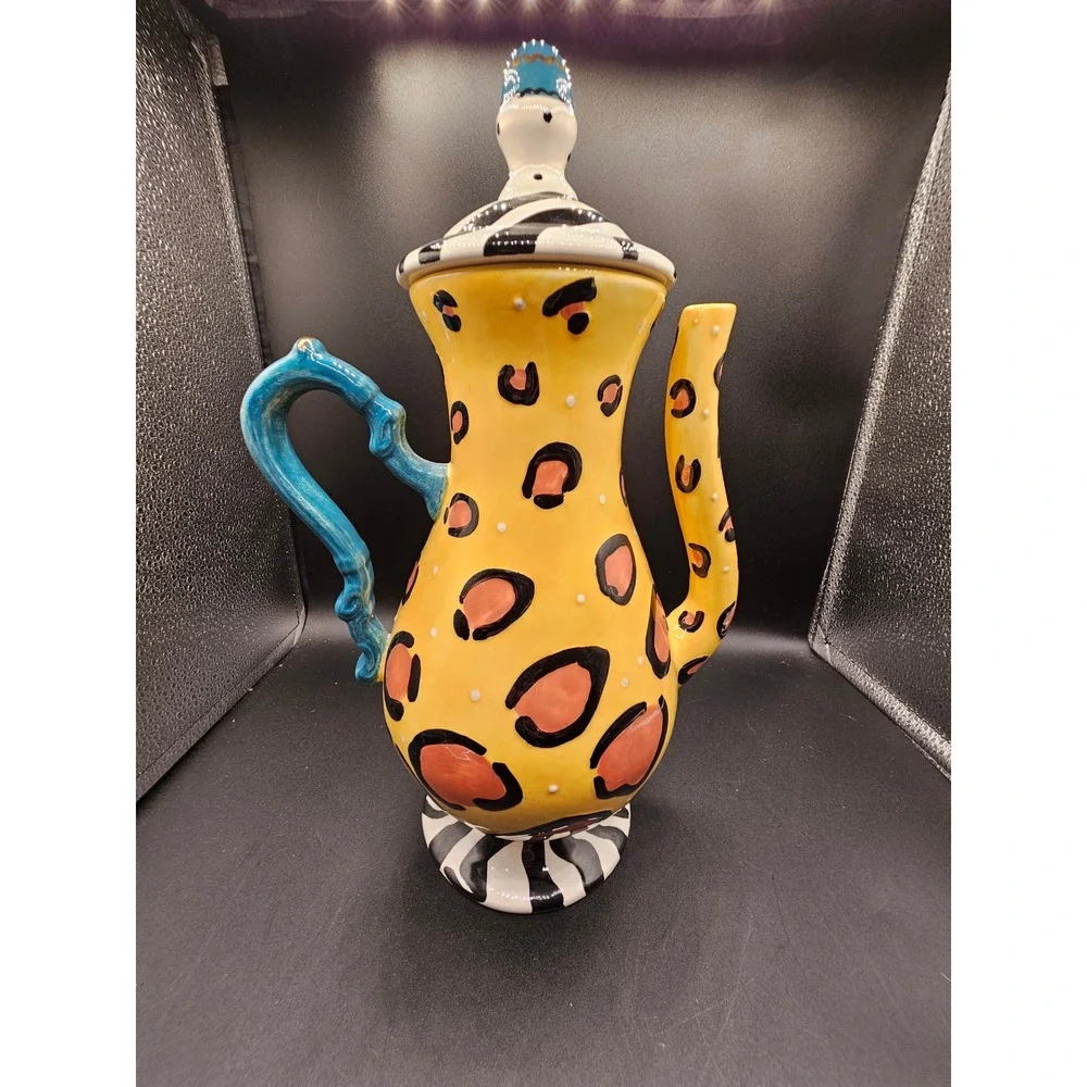 Joanne De Lomba for Lotus Ceramic Leopard Zebra Coffee Pot Teapot Whimsical Art